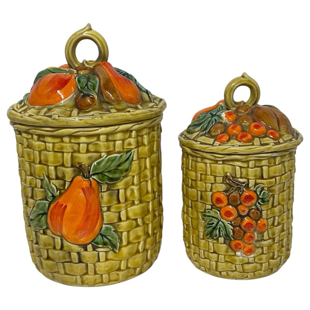 Vintage Lefton Basket Weave Canister 7.5" &‎ 9.5" Fruit Vegetables Japan 5254